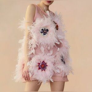 Cynthia Rowley Floral Feather Organza Mini Dress In Pink Multi Women's Size XS